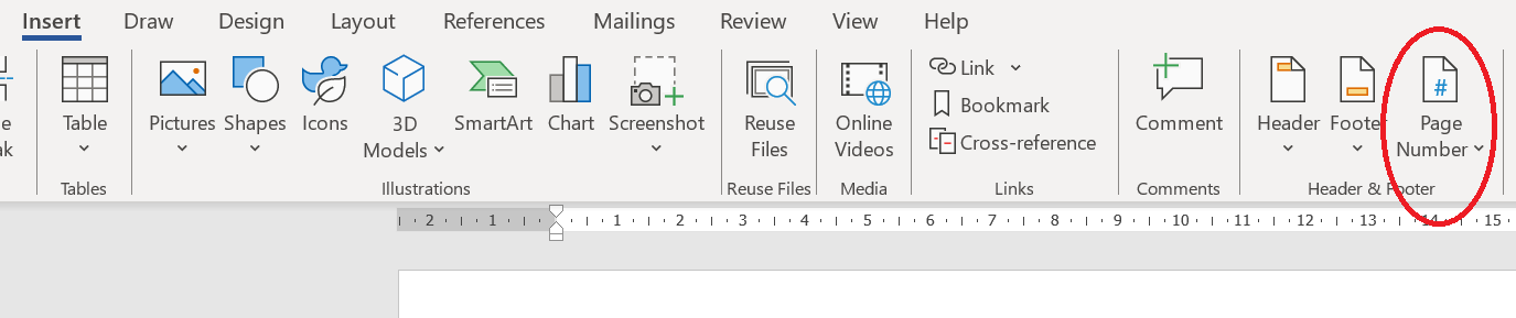 MS Word screenshot showing menu location for page numbers.