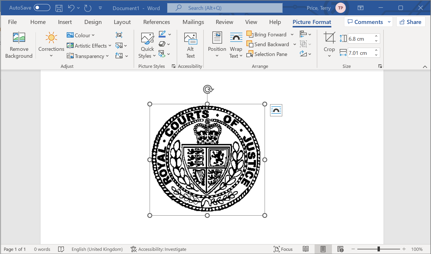 A screen showing an image placed on a MS word document.