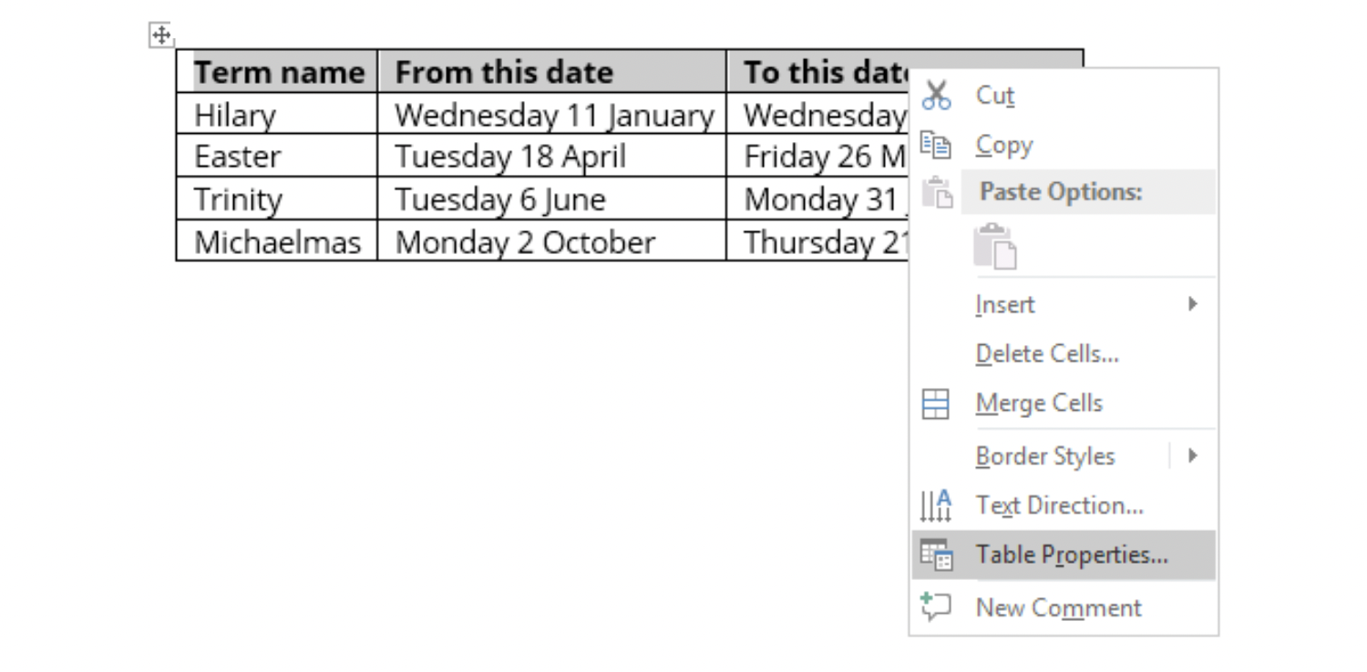 Selected header row at the top of the MS Word table with the contectual menu showing to the side of the document table.