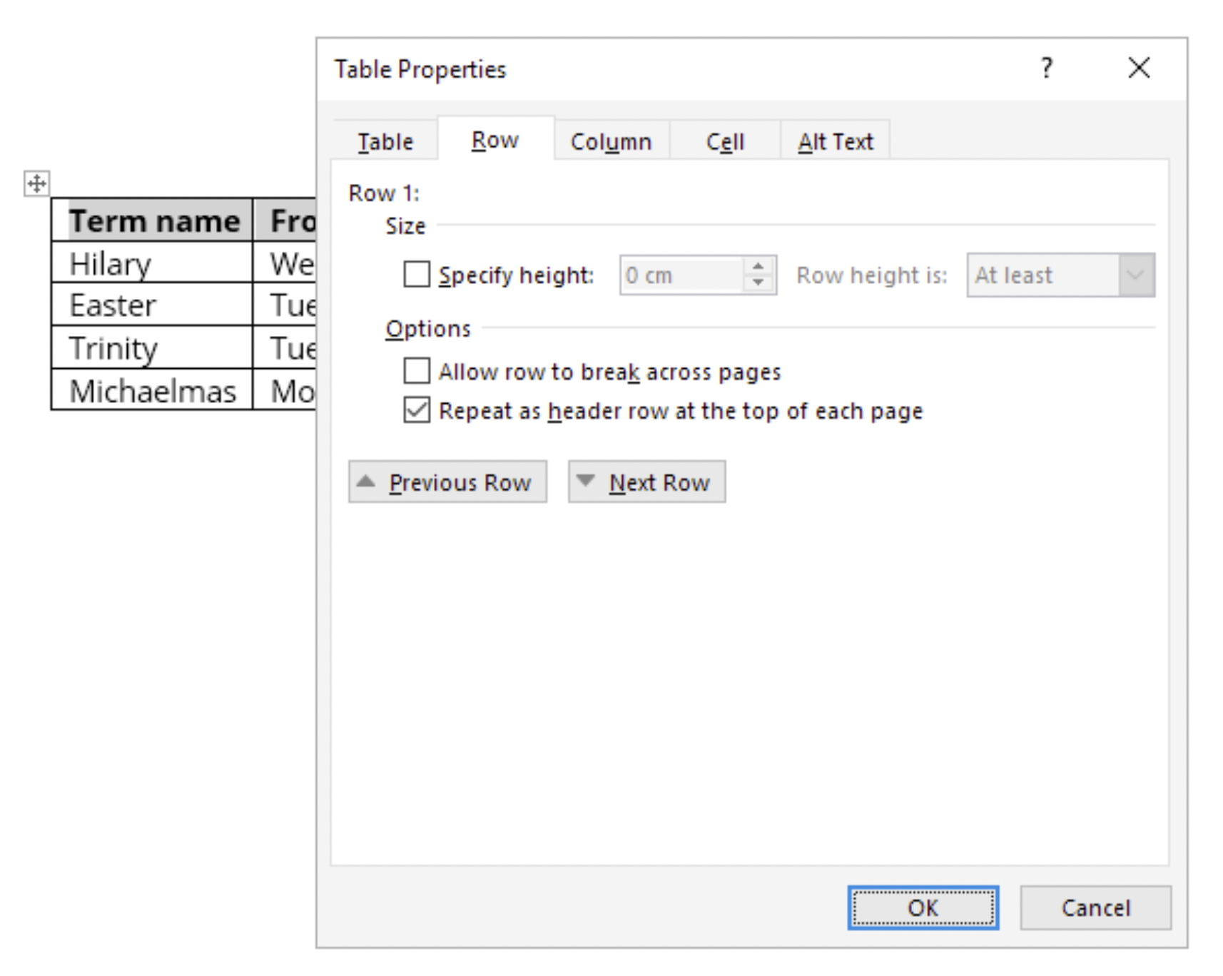 The Table Properties dialog menu is displayed to the side of the document table.